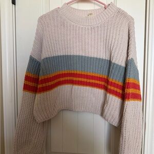Cozy Striped Knit Sweater - Cream, Gray, and Red
